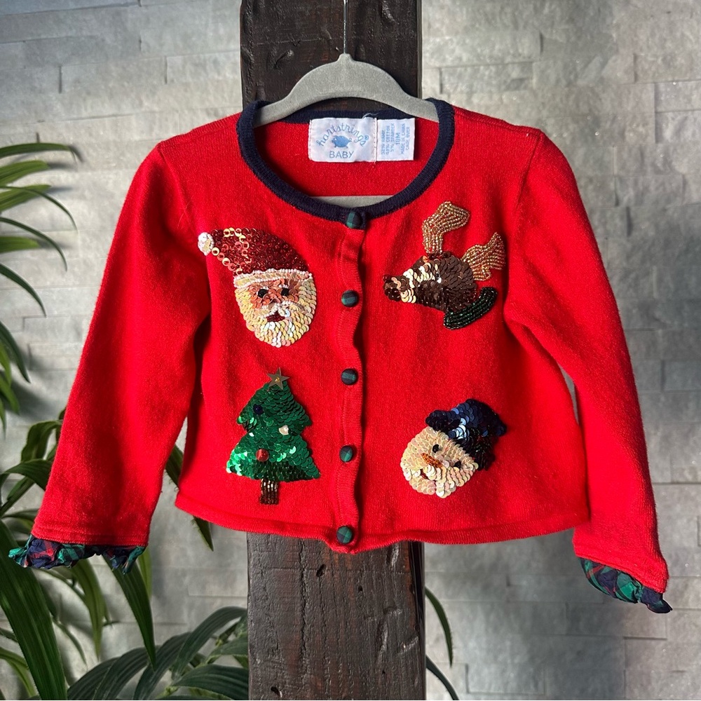 Heartstrings Baby Red Vintage Christmas Sequin Cardigan Sweater Size 18M